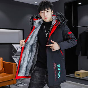 Foreign trade Men's long-sleeved hooded mid-length cotton-padded fleece-lined thickened cotton-padded jacket teenagers men's warm parka cotton-padded jacket