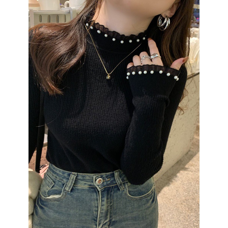 女性用レースボトムシャツ、2025年春秋新作スタイルセーター、女性用タートルネックトップ、小香風セーター