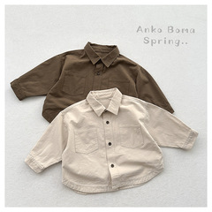 簡約好搭春秋新款兒童個性韓版襯衫上衣男女童復古棉質雙口袋襯衣