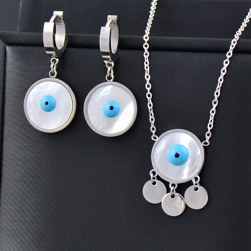 Fashion Eye Stainless Steel Inlay Shell Earrings Necklace