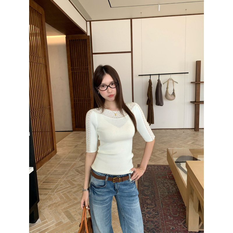 Foreign Trade In-Stock Gray Hollow-Out Round Neck Half-Sleeve Wool Knit T-Shirt for Women, Summer 2026 New Model, Unique and Beautiful