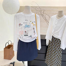 白色卡通动物印花薄纱微透防晒罩衫女夏凉感宽松长袖T恤韩系上衣