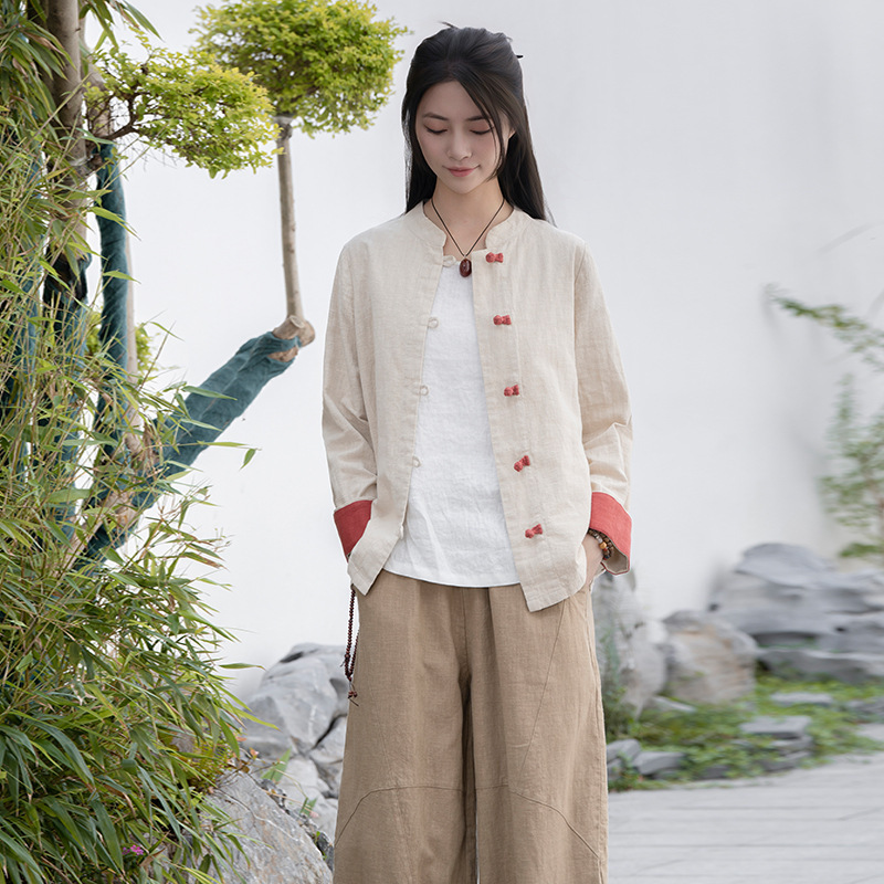 26 Spring Season National Style Color-Block Button Cardigan New Cotton-Linen Women's Retro New Chinese Style Women's Top Shirt Thin Jacket