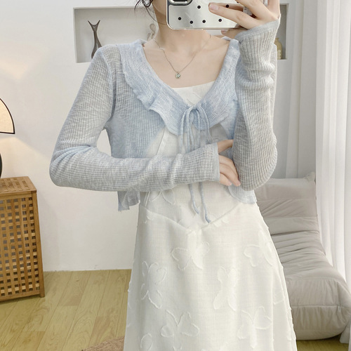 Sweet and versatile lace collar bow tie ice silk knit short open cardigan women's summer thin dress outer small shawl 