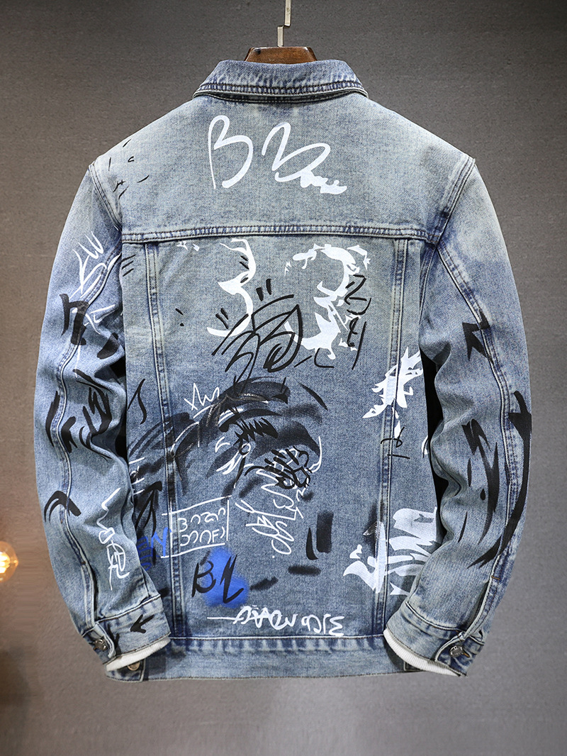 国境を越えた新型の男性ジャケット春秋高級欧米潮牌落書きプリント合体カウボーイコート男