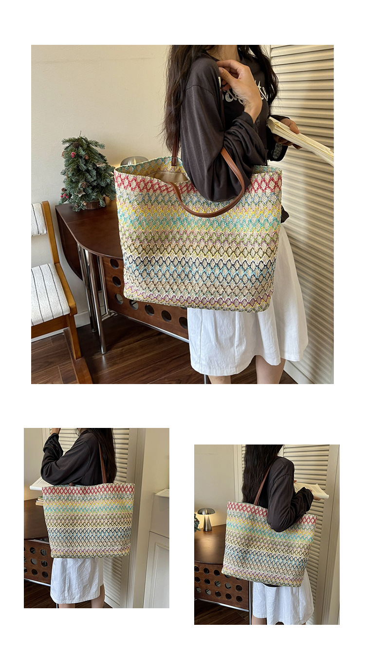 Women's Large Woven Tote Bag Shoulder Bag With Contrast Texture_voghion.com
