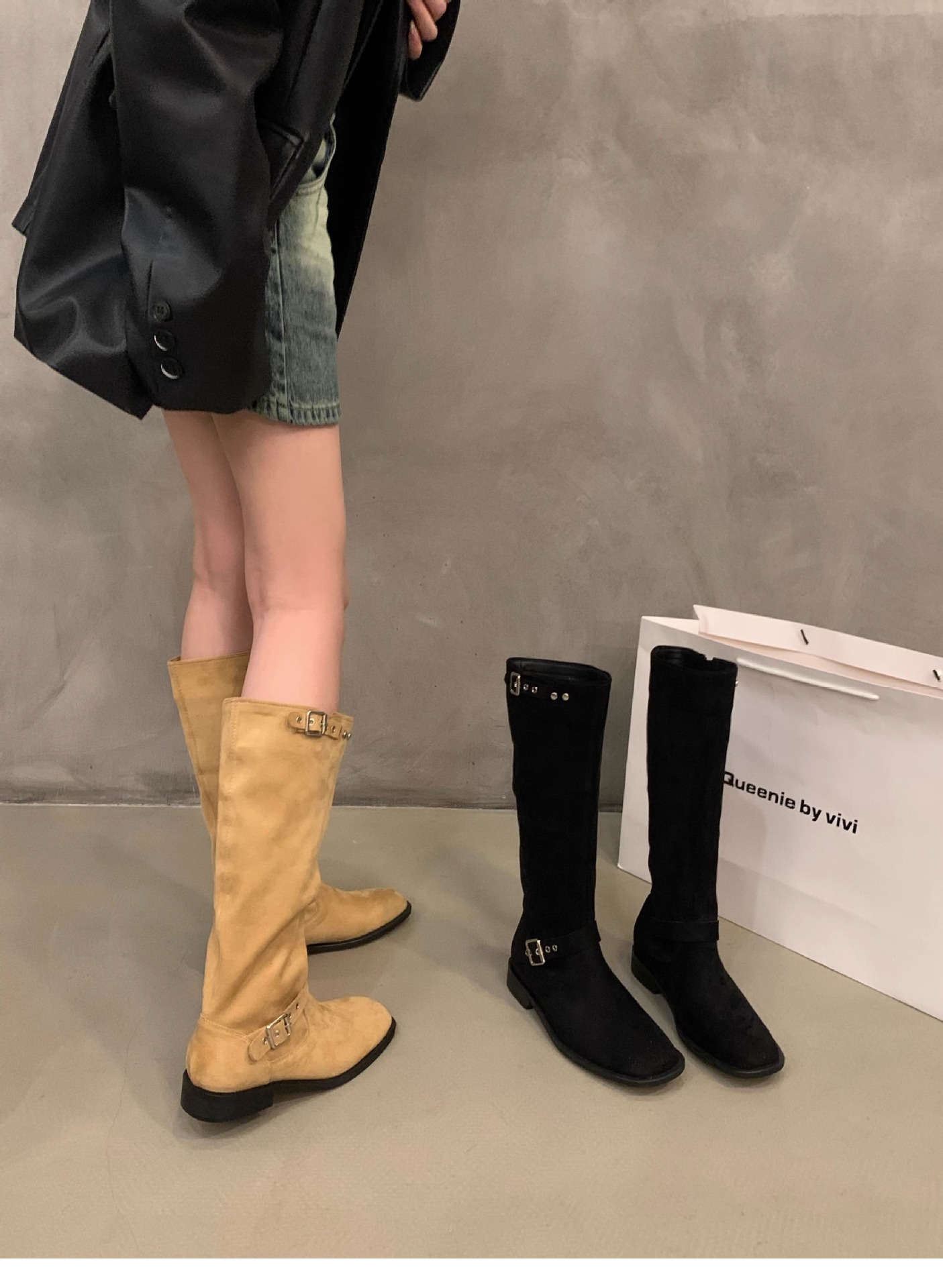 Dicker Absatz Khaki Mid Knight Damen Frühling und Herbst 2023 Neue Sommer-Wildleder-Langarmstiefel_voghion.com