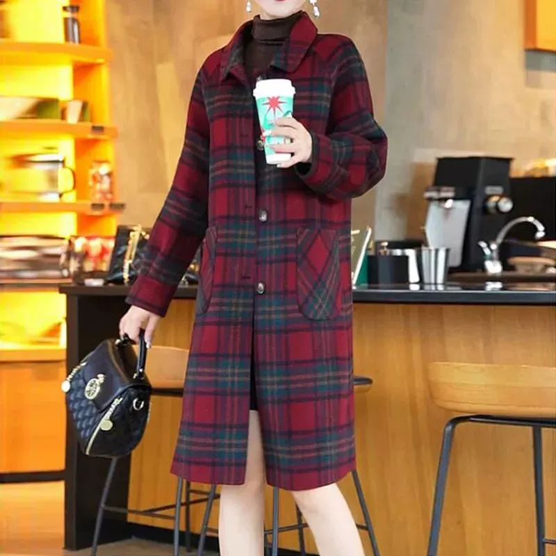 Трансграничное красное клетчатое шерстяное пальто женское 2024 осень-зима новая корейская версия темпераментного двухстороннего твидового пальто