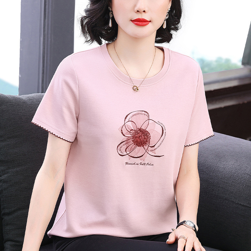 Mother's 2025 Summer New Short-sleeved Women's T-shirt Embroidered Niche Design Loose Slimming Stitching Top for Women Mother's 2025 Summer New Short-sleeved Women's T-shirt Embroidered Niche Design Loose Slimming Stitching Top for Women