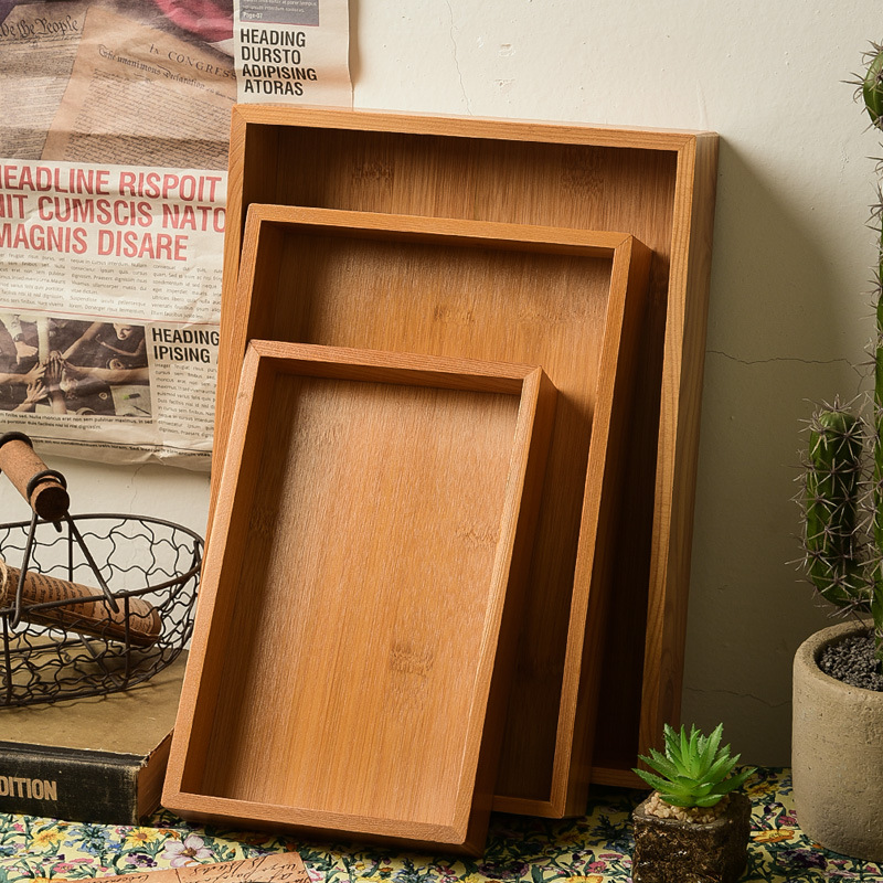 Bamboo wooden tray solid wood tea tray water cup tray Japanese fruit tray wooden household rectangular tray hotel dinner tray