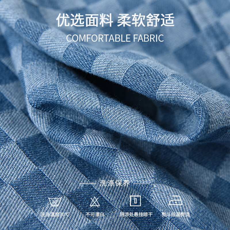 Verano de los hombres de moda a cuadros de manga corta camisa de mezclilla cómoda juventud Ruan guapo casual camisa de algodón del todo fósforo 8859