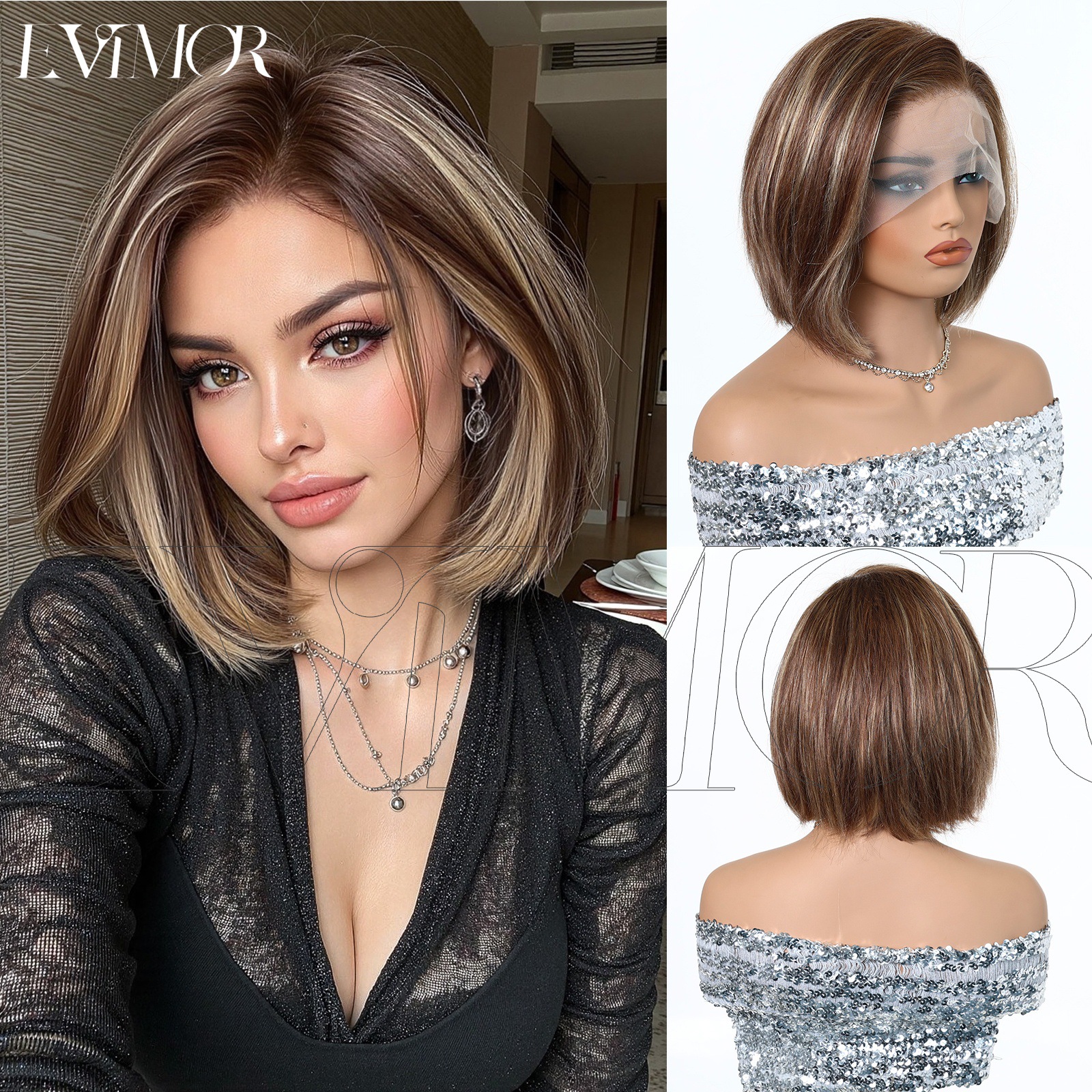 Peruca de mujer, cabello corto de clavícula europea y americana, encaje de cabello real, cabello corto, cabello corto