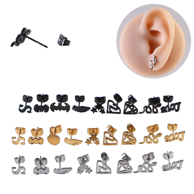 Exquisite titanium steel punk style geometric five-pointed star earrings ear piercing personality snake earrings cartilage jewelry for boys and girls