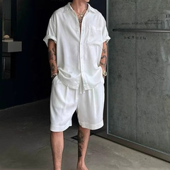 莱赛尔天丝老钱风休闲套装男夏季薄款短袖衬衫搭配速干短裤两件套