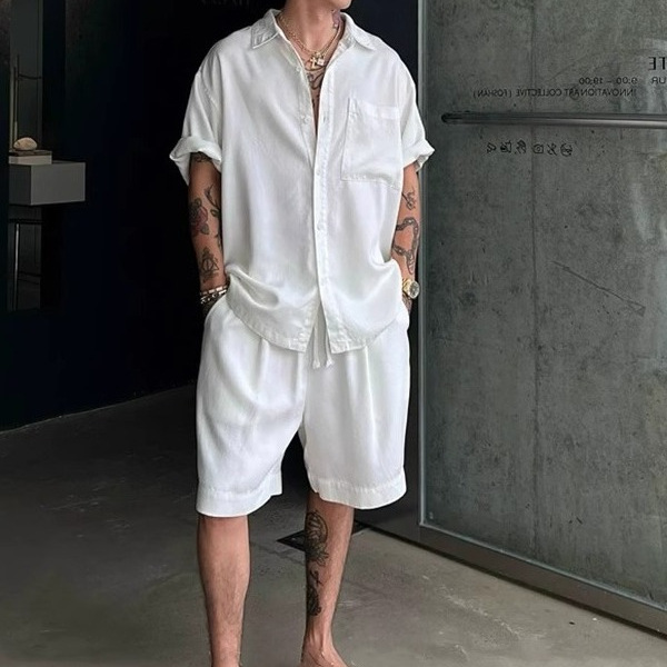 Lyocell Tencel Old Money Style Casual Suit for Men, Summer Thin Short-Sleeved Shirt Paired with Quick-Dry Shorts Two-Piece Set