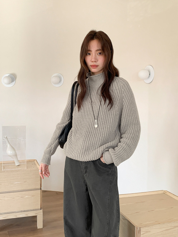 广州十三行2025秋冬韩系慵懒风肌理感半高领纯棉宽松毛衣女03101|undefined