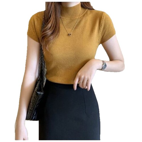 Half-high neck, half-sleeve knitted sweater for women—summer base layer, slimming innerwear, short vest-style top perfect for wearing alone or over other pieces.