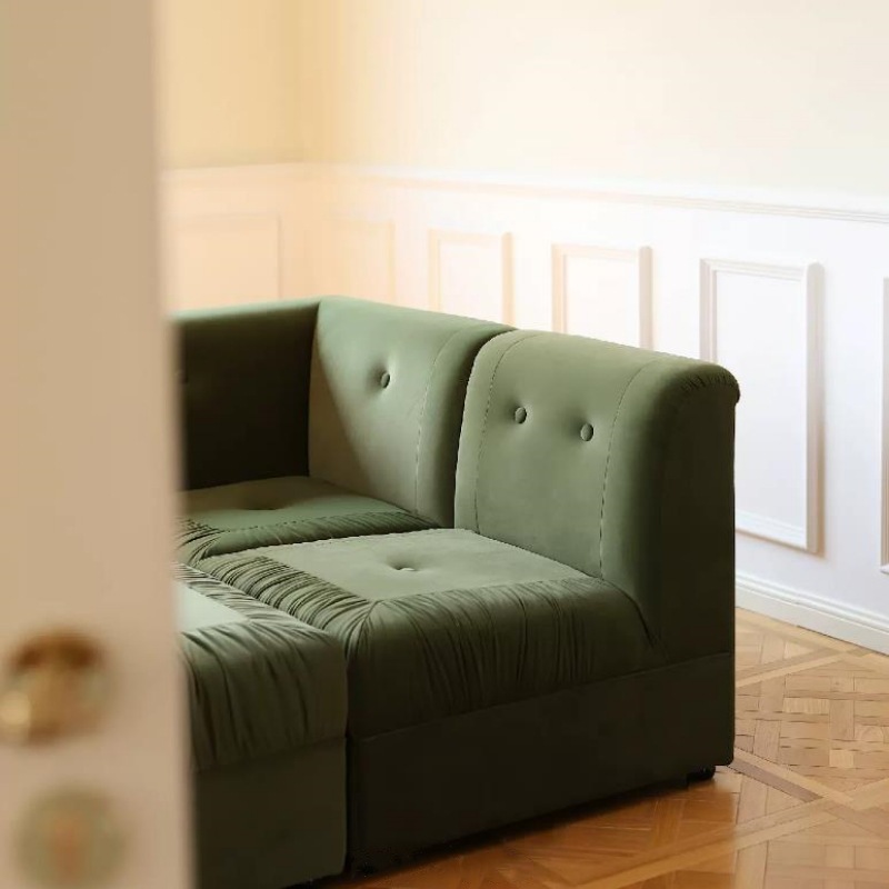 法式复古墨绿色丝绒沙发小红书同款艺术褶皱设计模块布艺组合沙发
