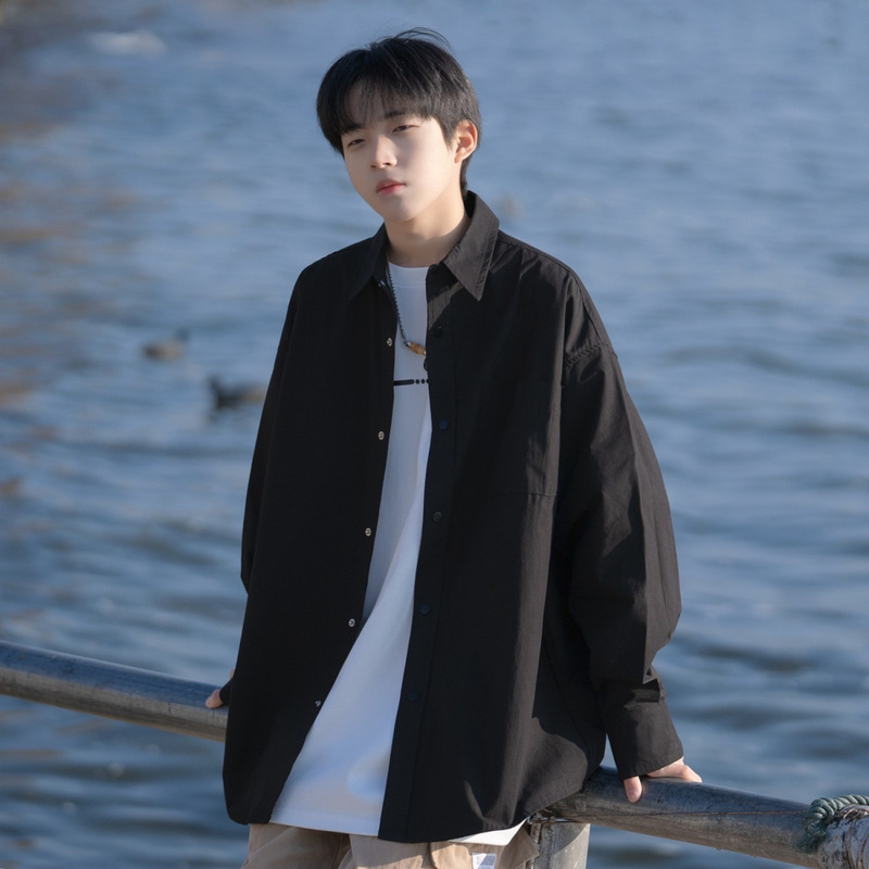 Black Shirt Men's Summer Wear Japanese Solid Color Long-Sleeved Shirt High-End Trendy Brand Trendy Handsome Boy Jacket