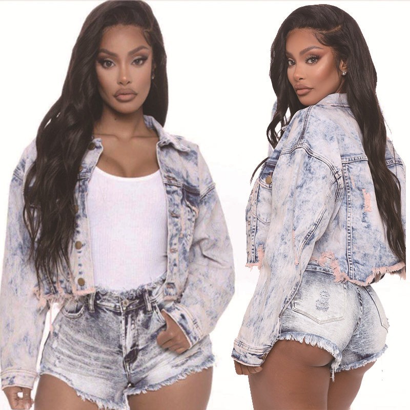 2022春夏上新款欧美亚马逊wish时尚漂白雪花女装牛仔短裤现货