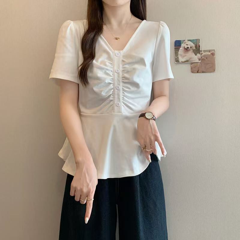 プラスサイズの韓国ファッション V ネック半袖 T シャツ女性のための 2025 夏の新しいスタイルファット mm スリムで肉をカバーするシックなトップ|undefined