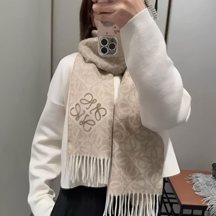 ラオルー スカーフ購入 24冬新作 チェッカーボード ミルクティーカラー スカーフ ウール フリンジ ショール BBR