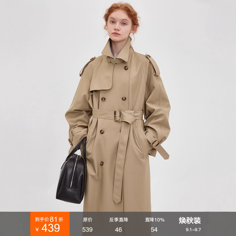 [Ready Stock] Fano 2025 Retro Classic Double-Breasted Lapel Windbreaker Women's Lace-Up Mid-Length Jacket