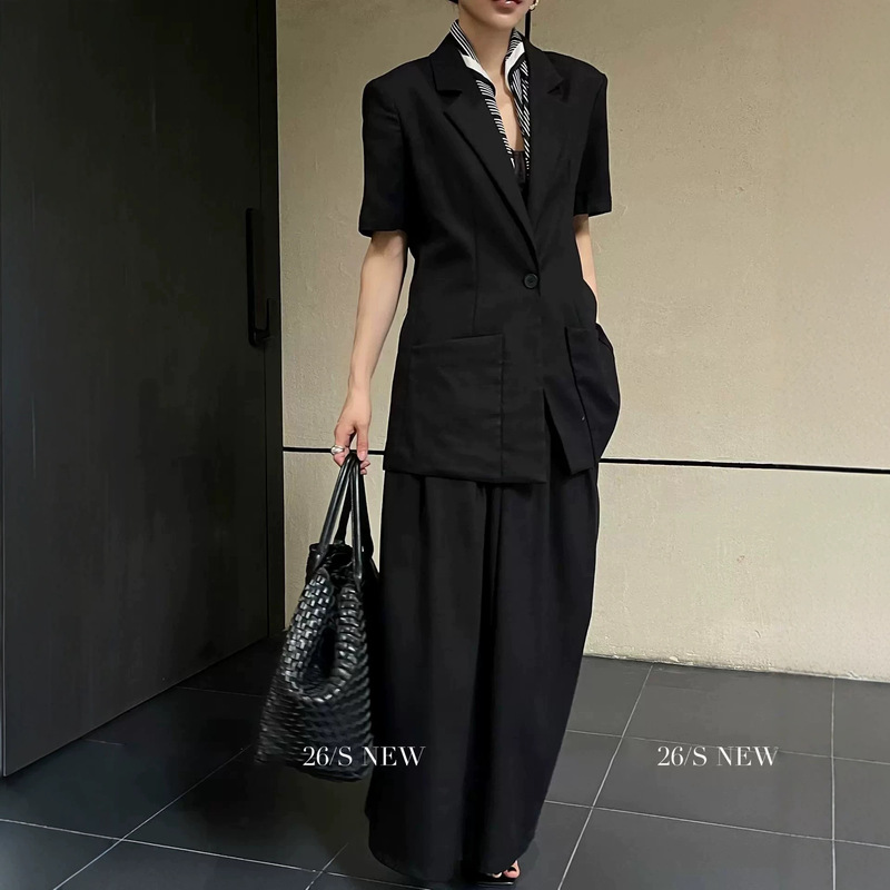 2026 Old Money Style Linen Texture Short Sleeve Blazer Women's Summer High Waist Slimming Straight Skirt Two-Piece Set