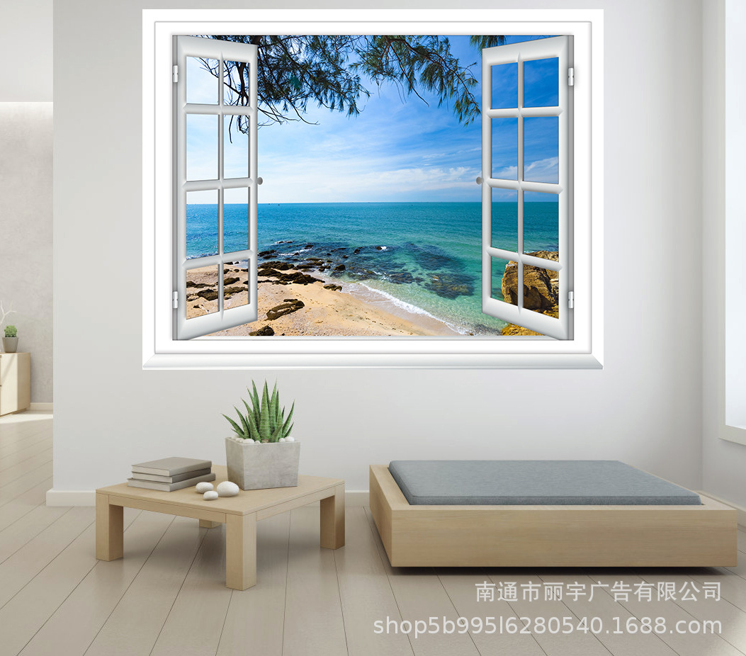 3D仿真假窗海浪沙滩 风景画自粘墙贴画客厅沙发背景墙装饰风景画