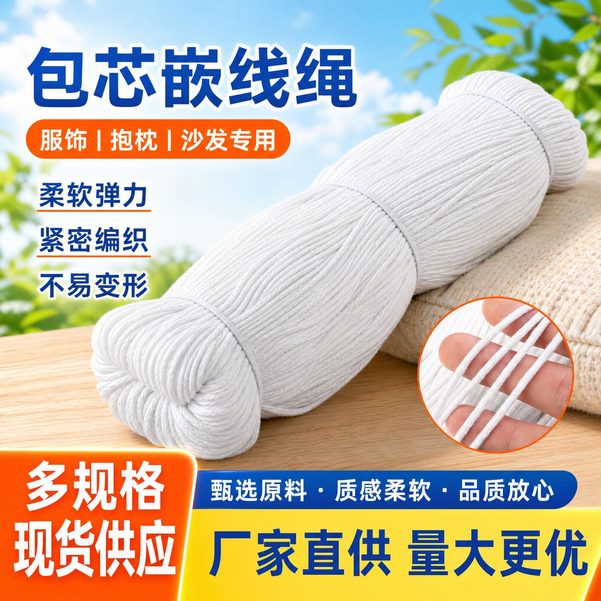 本白色棉纶嵌绳滚边包芯绳服饰沙发抱枕嵌线绳多规格现货供应