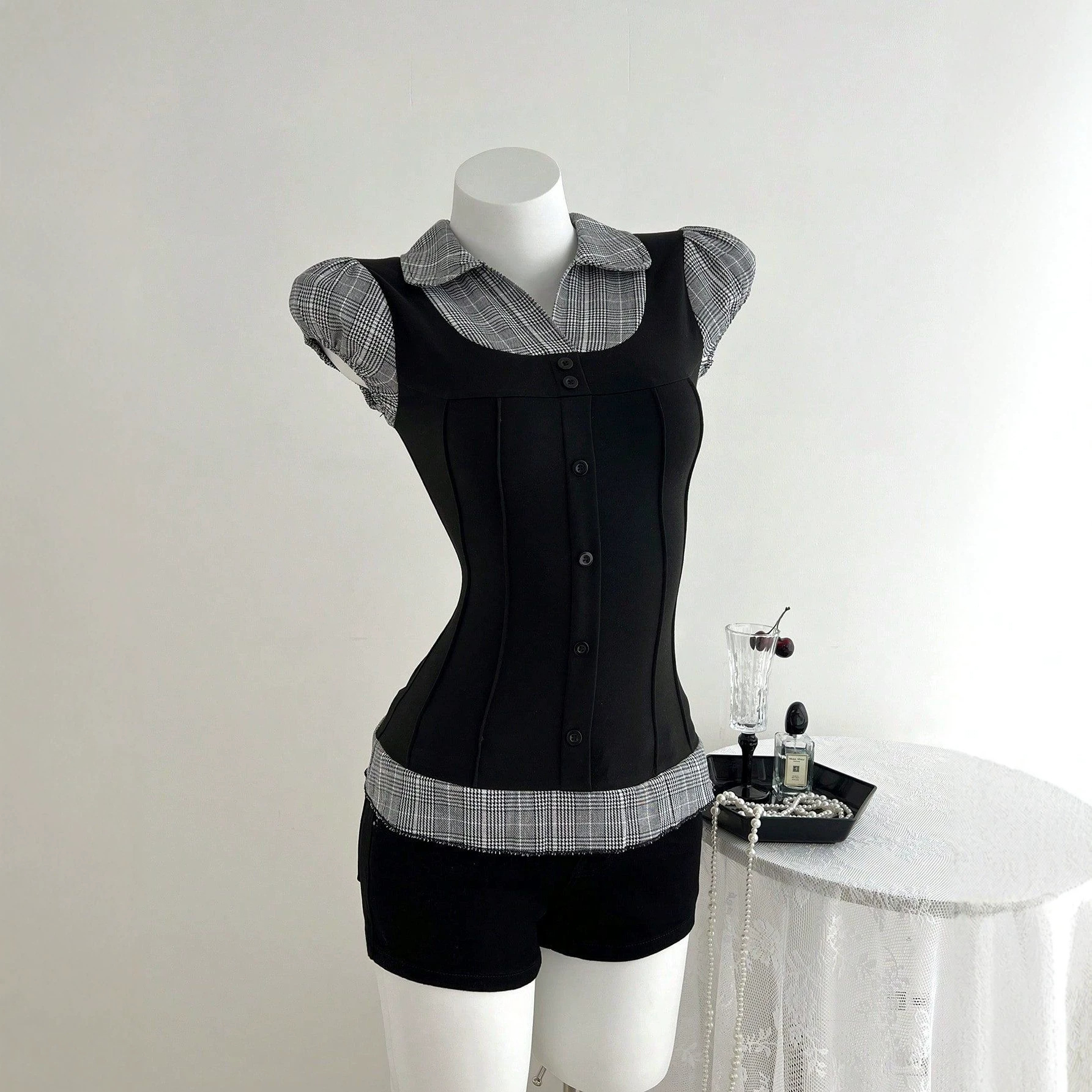 Women's Waist-Defining Plaid Contrast False Two-Layer T-Shirt - Slim Fit Casual Top With Color Block Design_ecoleips.com