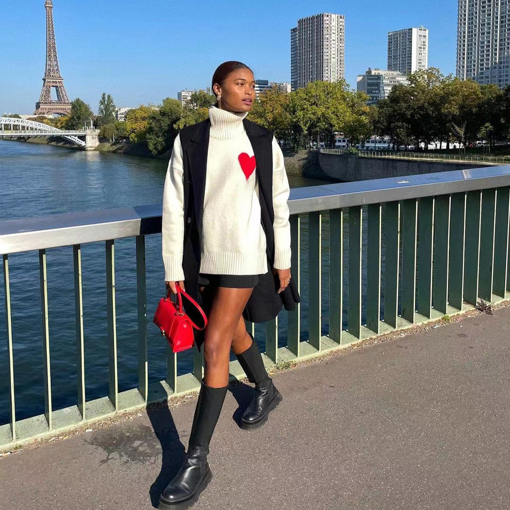 De gama alta AMI pesado Otoño e Invierno amor francés Jacquard hombres y mujeres de cuello alto suelto simple suéter de punto