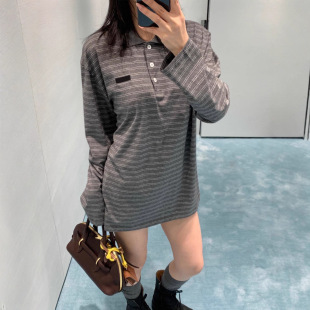 Shenzhen Nanyou Classy Women's Clothing mm Home Daily Versatile Casual Loose Fit Stripesd Long-Sleeved Polo Shirt Spring and Autum