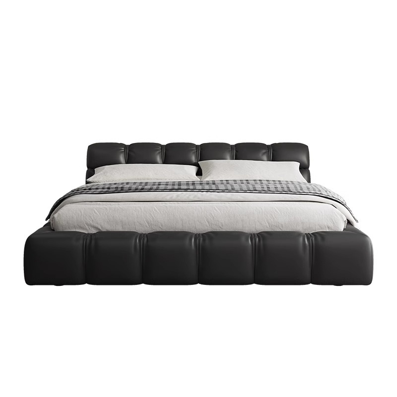 Cama de cuero italiano minimalista cama de puff negro dormitorio principal almacenamiento cama matrimonial cama doble 2 * 2.2m cama de tatami queen