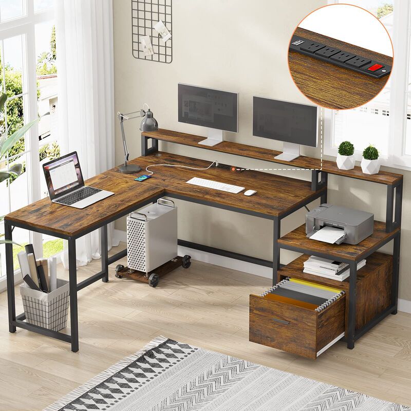L-Shaped Desk, with File Drawer and Power Socket, Corner Desk Printer with Locker