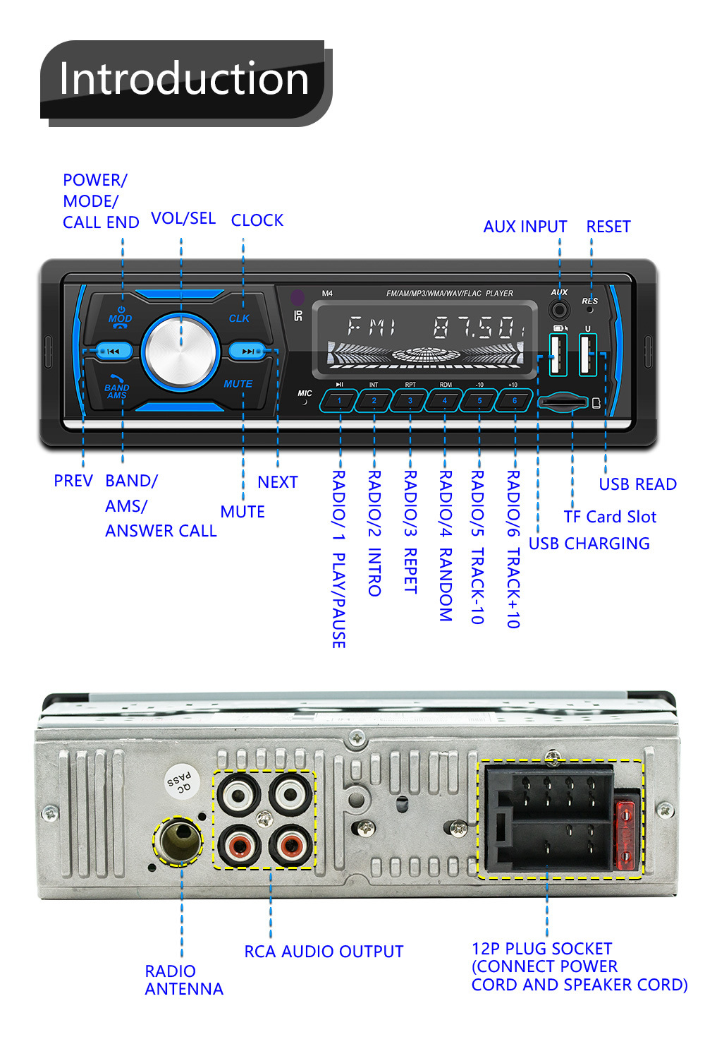 12V Car Dab Antenna Radio Mp3 Player Short Wireless Digital Broadcast Rds Bluetooth Hands-Free Card Insertion