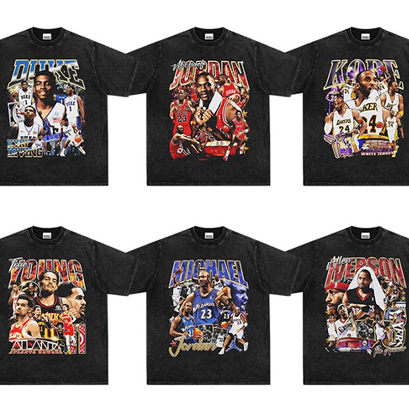 American Style Wash Retro Printed T-Shirt Three Ball Owen James Iverson Short Sleeve Street Star Costume American Style Wash Retro Printed T-Shirt Three Ball Owen James Iverson Short Sleeve Street Star Costume