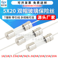 源头厂家 5*20双帽玻璃保险丝T1A/2A/3.15A/4A/5A-20A 慢断带引脚