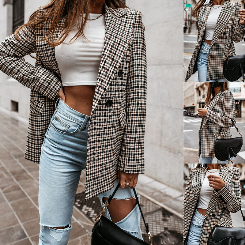 INS cross-border 2021 European and American wish foreign trade women's new Amazon autumn and winter plaid long small suit jacket