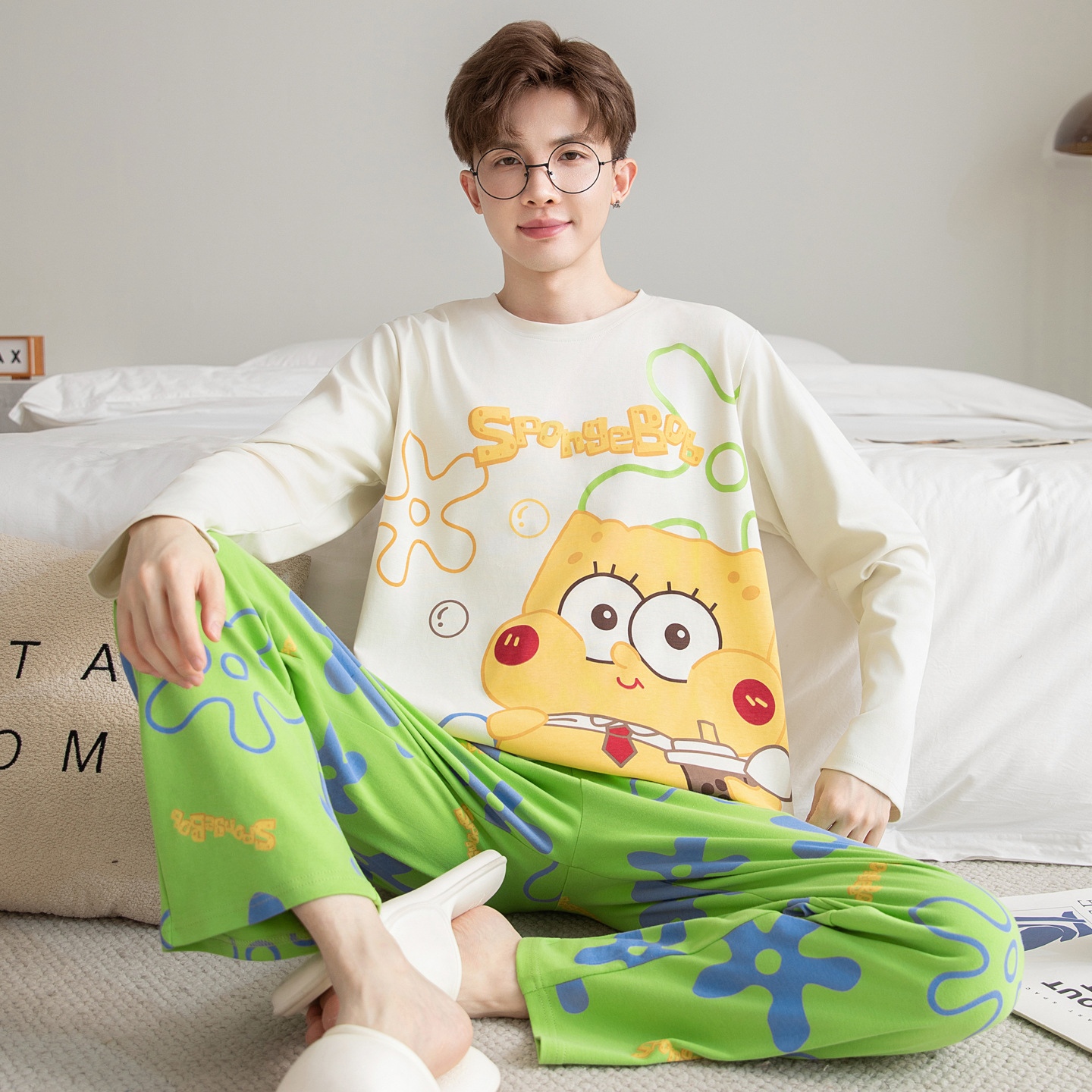 Men's Pajamas Pure Cotton Long-Sleeved Cartoon Student Boy Autumn and Winter Thin Youth Plus Size Home Clothes Set