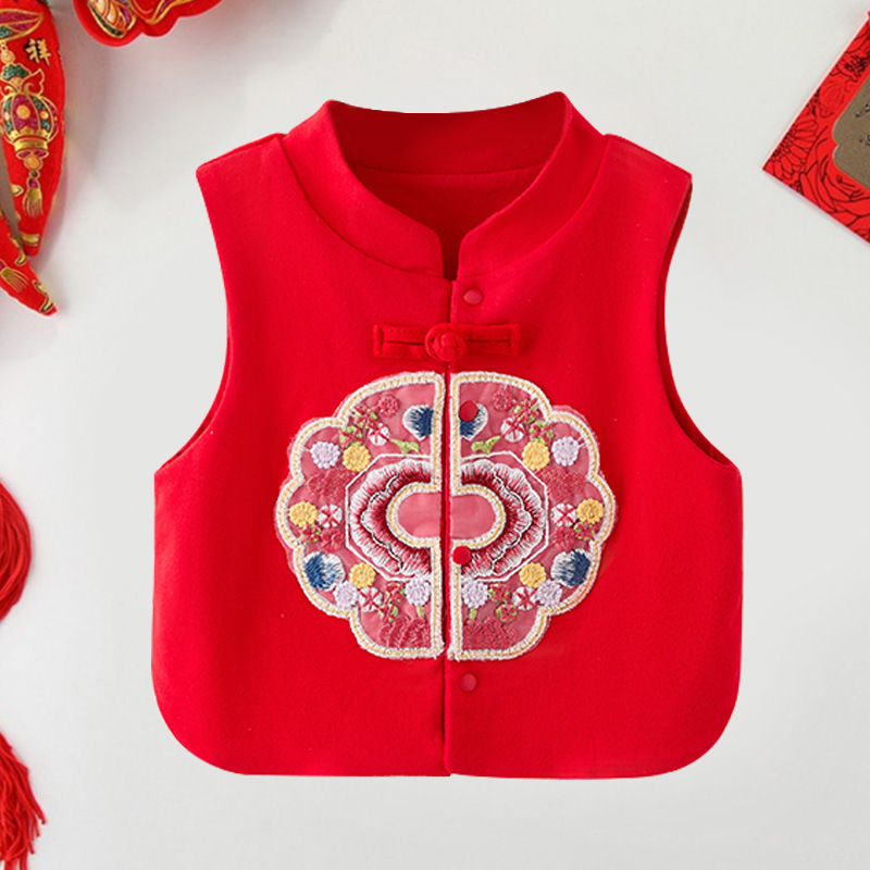 儿童唐装刺绣马甲夏季新款周岁服中国风衣服红色宝宝外穿生日礼服|undefined