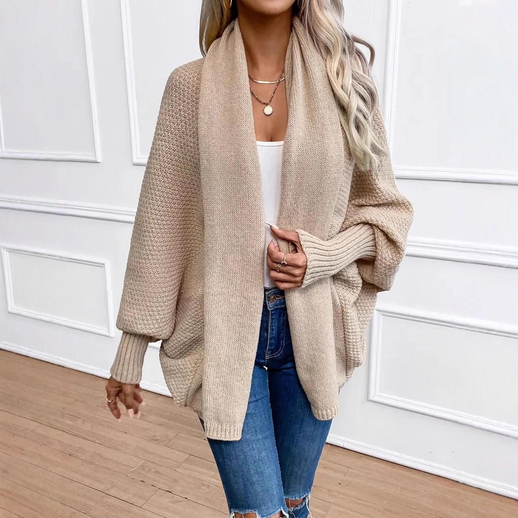 Damen-Strickcardigan in großen Größen – Eleganter, langärmeliger Pullover mit offener Vorderseite, halbhohem Kragen, Polyestergemisch, geeignet für Freizeit und Büro_voghion.com