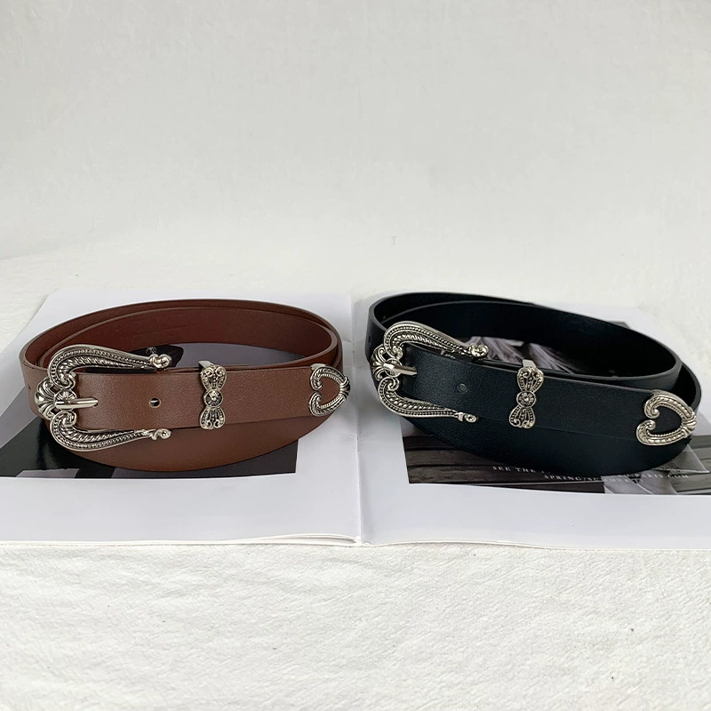 Ремень ретро с западной пряжкой, экокожа, универсальная посадка, чёрный/кофейный