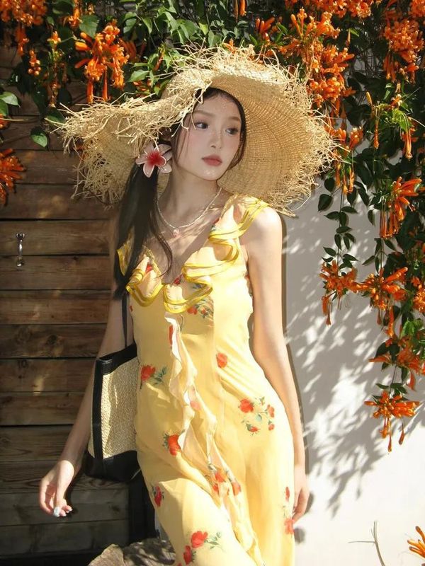 フレンチ V ネック黄色の花柄サスペンダードレス女性の夏の気質ウエスト痩身ドーパミン甘いロングスカート|undefined