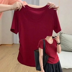 大码红色正肩U领短袖T恤女夏季新款胖MM设计感掐腰显瘦修身上衣潮