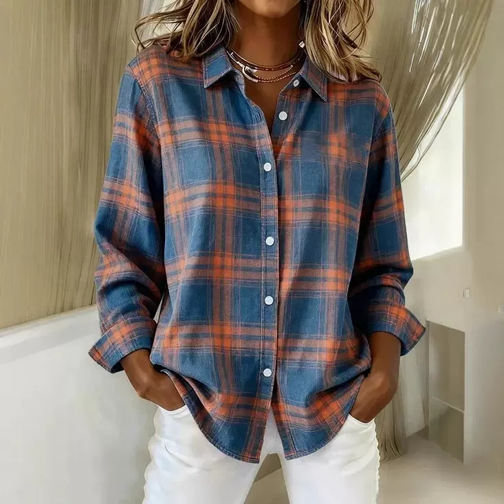 2025独立站亚马逊爆款女士秋季衬衫新款欧美潮流格子印花3D衬衫