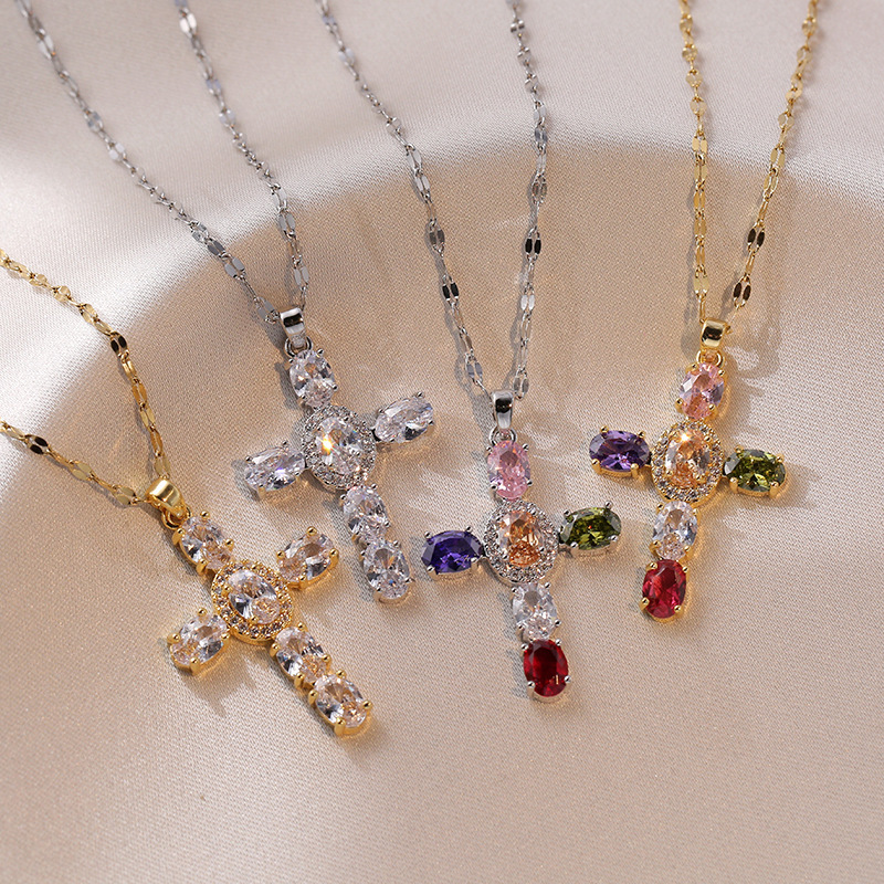 Necklace for Women, Korean and Japanese Style, Cross-Border Ins Retro Cross Zircon Niche Design, Colorful and Unique Collarbone Chain Necklace for Women, Korean and Japanese Style, Cross-Border Ins Retro Cross Zircon Niche Design, Colorful and Unique Collarbone Chain