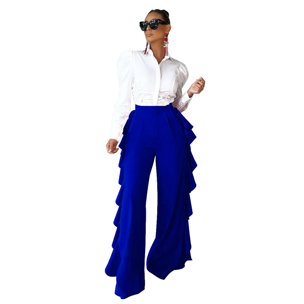 Women's Ruffled High-Waisted Wide Leg Pants Casual Formal High Waist Trousers For Spring Autumn Summer Regular Fit Polyester_ecoleips.com