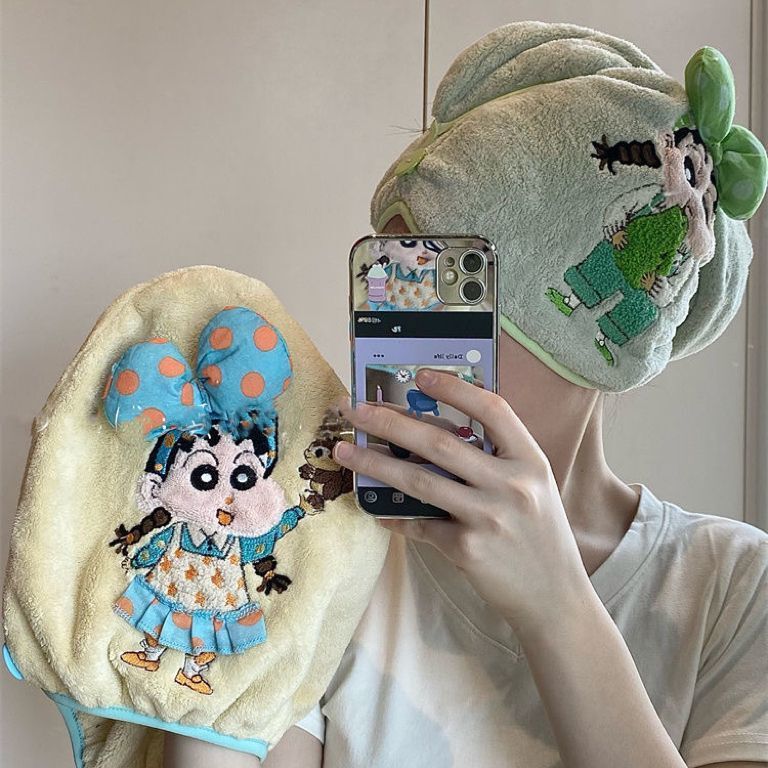 インス風かわいい漫画クレヨンしんちゃん刺繍リボンドライヘアキャップ増粘吸水速乾プルオーバーバンダナ|undefined