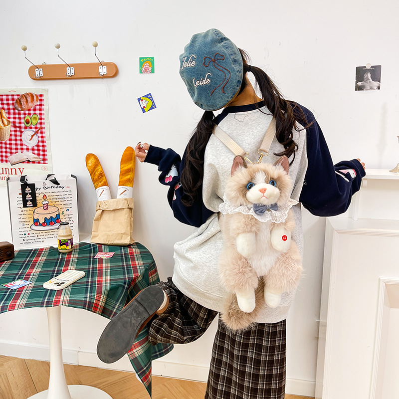 Cute muñeco gato mochila juguetes de peluche portátiles para salir mascota mochila regalo de cumpleaños para novia